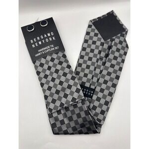 Bergamo New York Mens Handmade Tie Hanky Cufflink Set Black Silver‎ NWT
